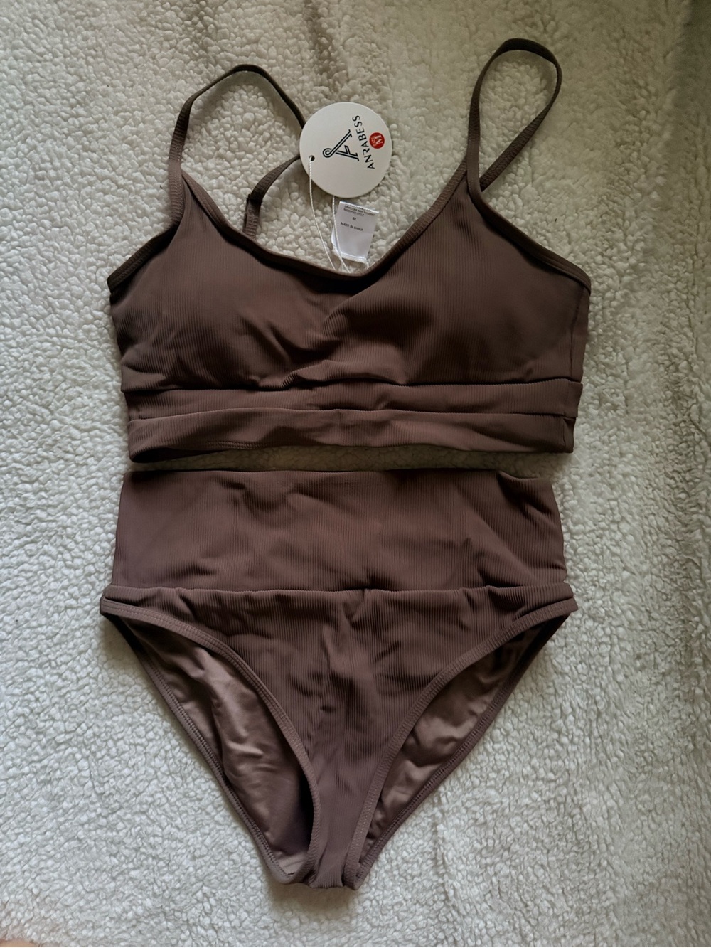 Ribbed Two-Piece Bikini Set in Brown. Size medium